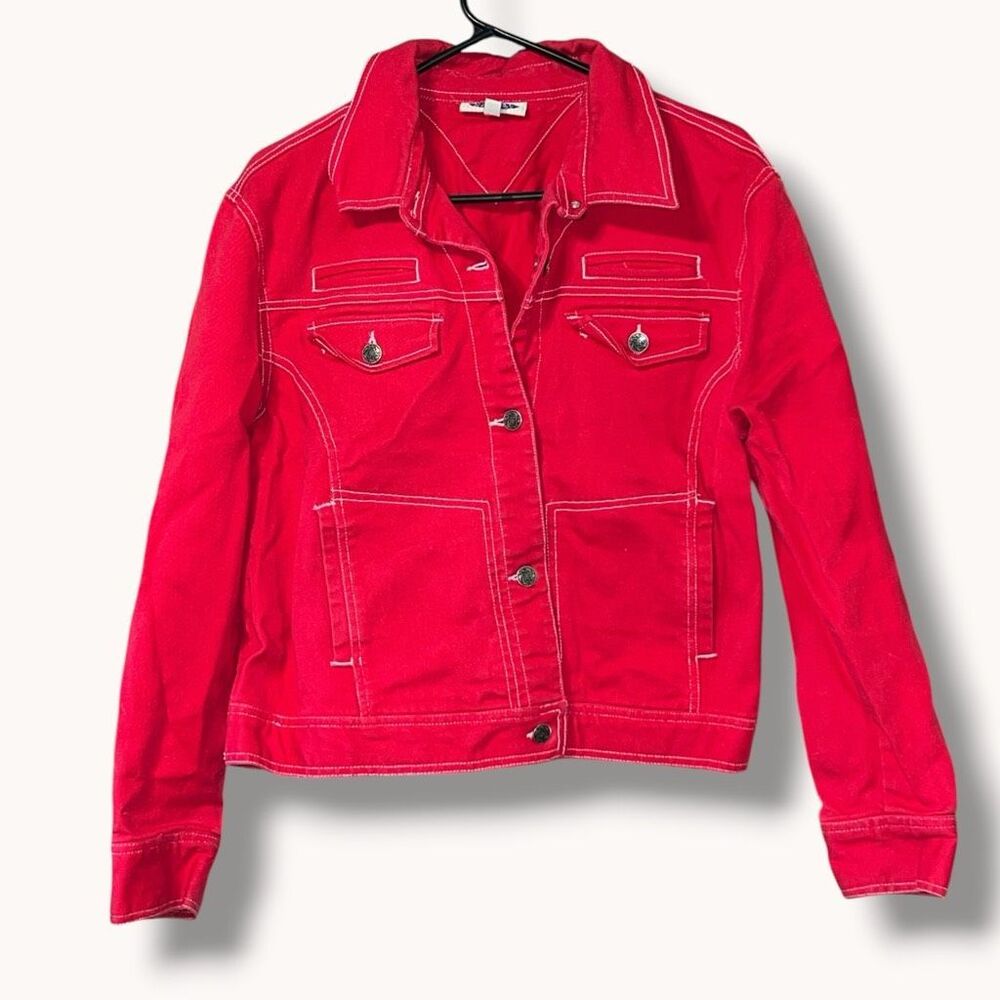 Casual Options Y2K Red Stretch Denim Jacket Contrast Stitch Large